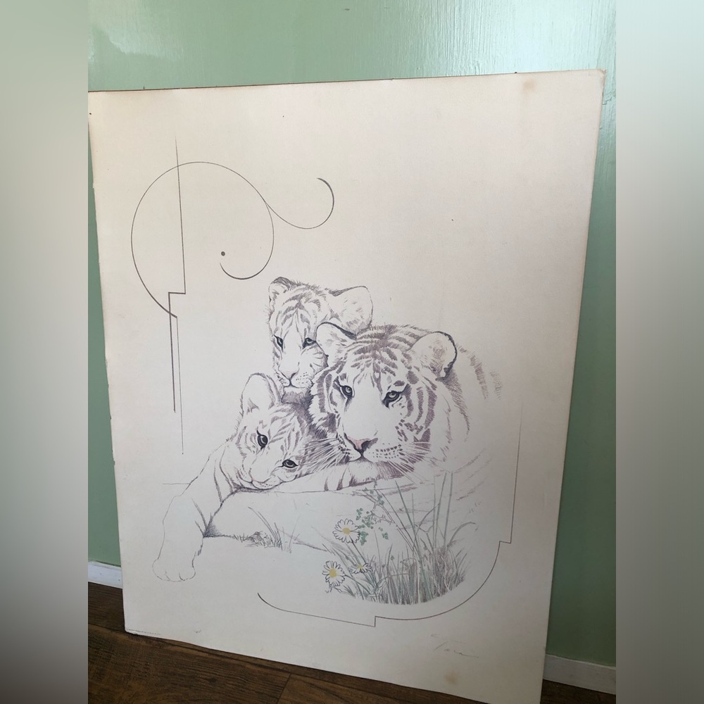 Vintage MCM William Tara Tiger And Cubs Signed Lithograph Print Sketch 28 X 22”